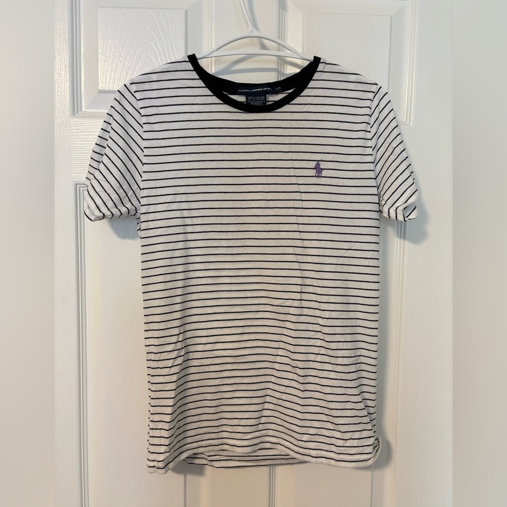 Ralph Lauren Black and White Striped Tee with Purple Emblem